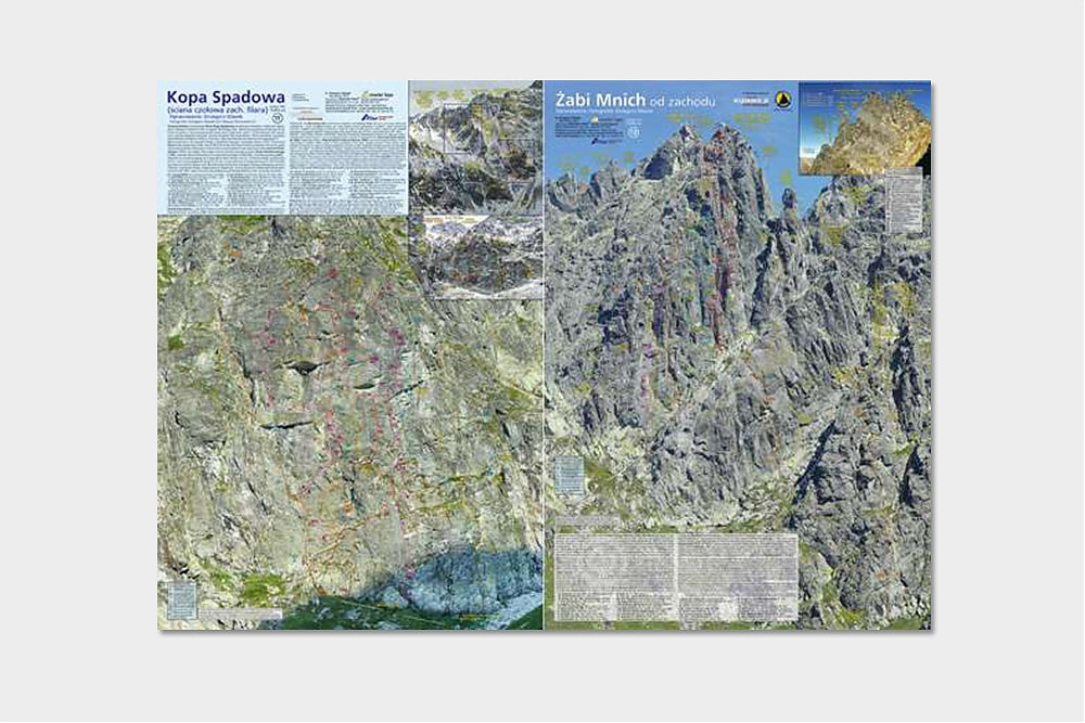 Kopa Spadowa (ściana czołowa zachodniego filara). Żabi Mnich od zachodu. Mapa TOPO