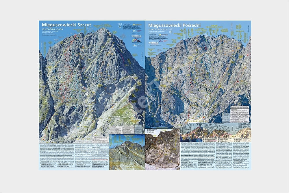 Mięguszowiecki Szczyt wschodnia ściana. Mięguszowiecki Pośredni ściana północna. Mapa TOPO