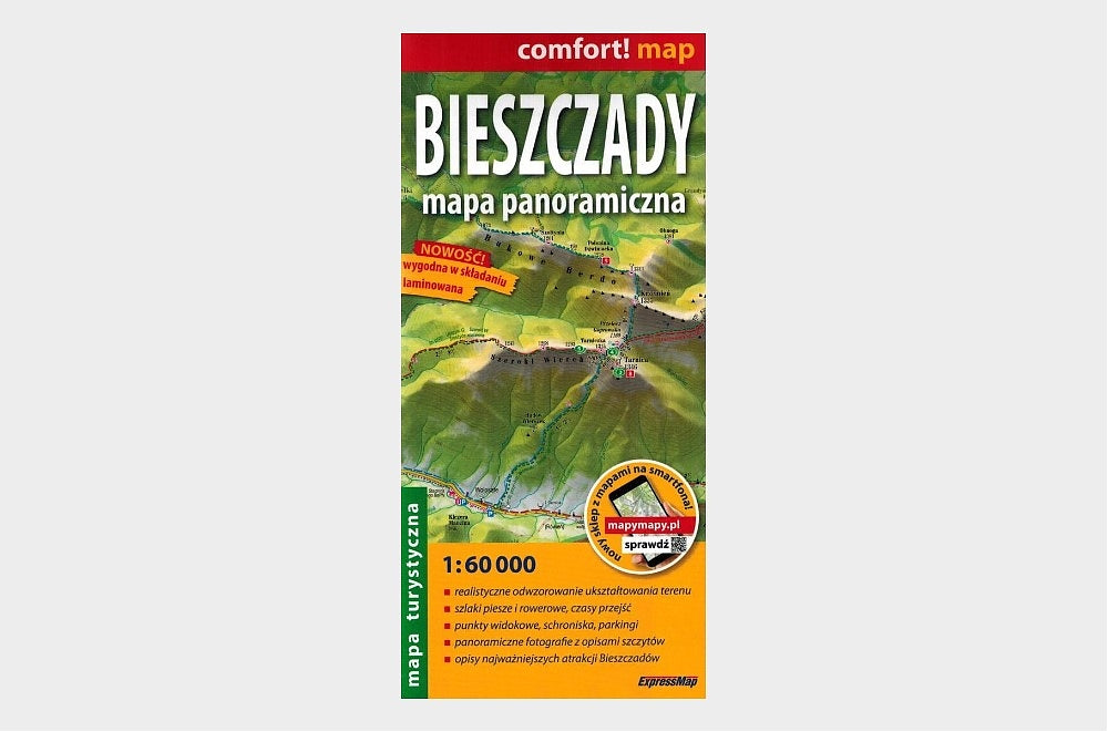 Bieszczady. Mapa panoramiczna laminowana 1:60 000. Mapa Turystyczna