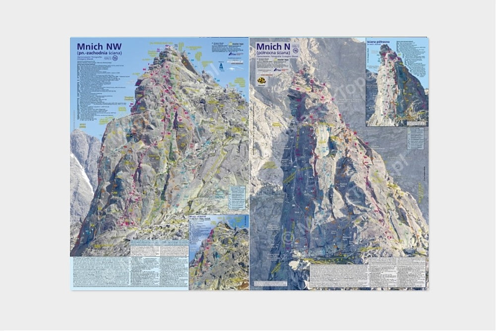 Mnich NW i Mnich N, ściany południowo-zachodnia i północna. Mapa TOPO